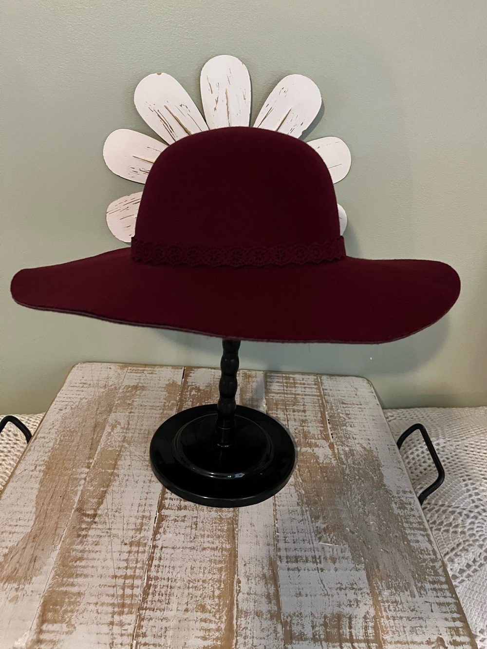 Wide Brim Wool Felt Hat - Burgundy